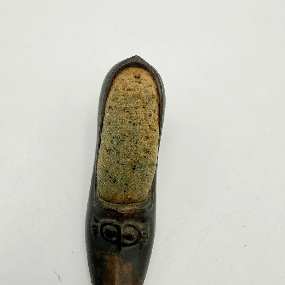 Antique Victorian Cast Metal Shoe Pin Cushion Miniature High Heel Sewing Tool